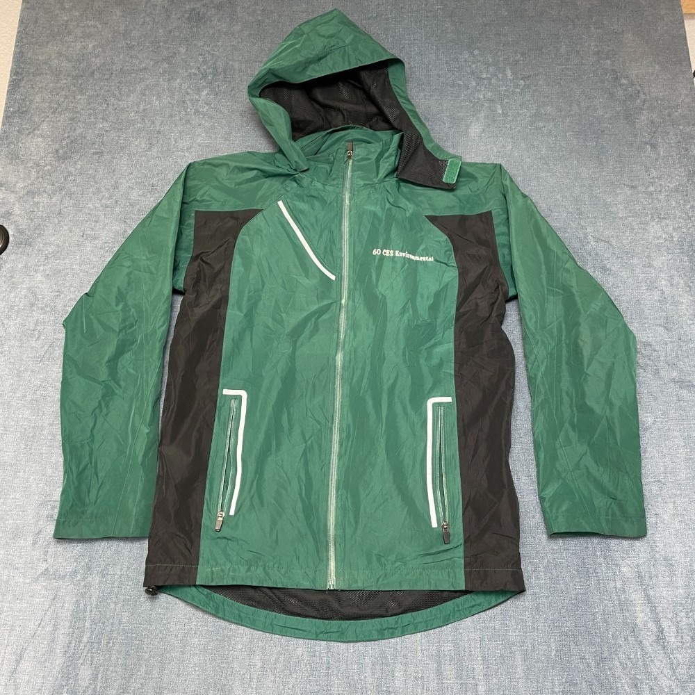 60 CES Environmental Windbreaker Jacket Mens M Green Black Hooded Long Sleeve